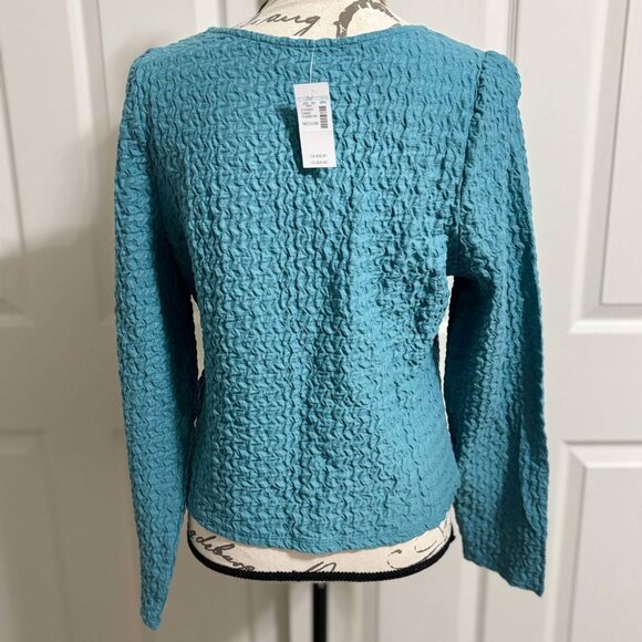 New Women's Textured Woven Blouse Color Undefined Almond Aegean Sea Crop Top - Picture 3 of 5